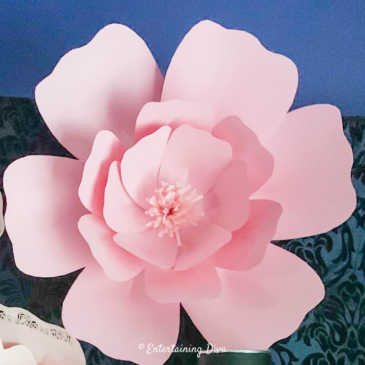 Pink giant paper flower hung on the wall