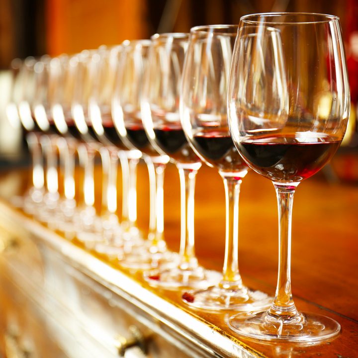 Row of wine glasses for a wine tasting