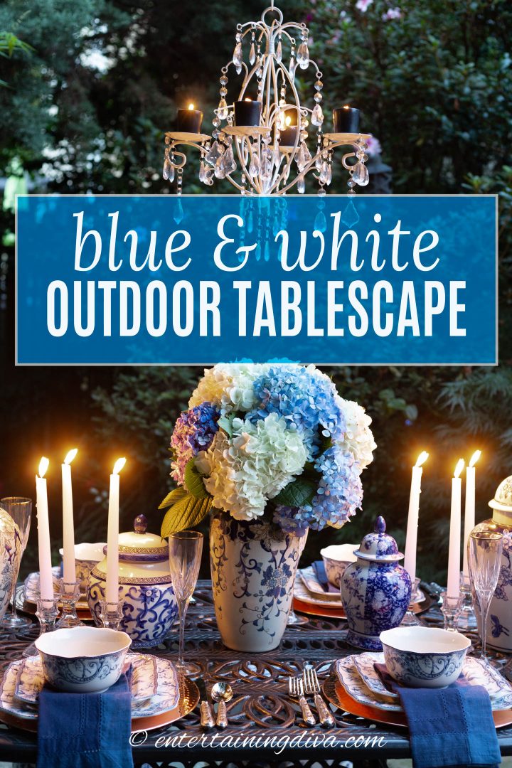 Blue and white outdoor dinner party table setting