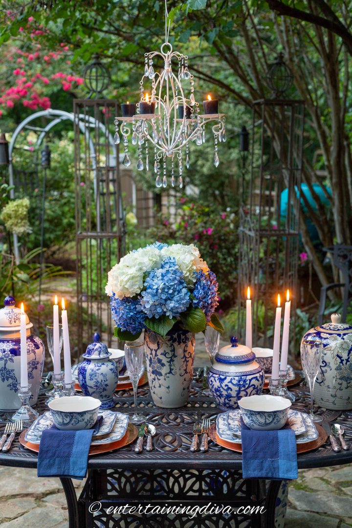 Blue and white garden party table decor