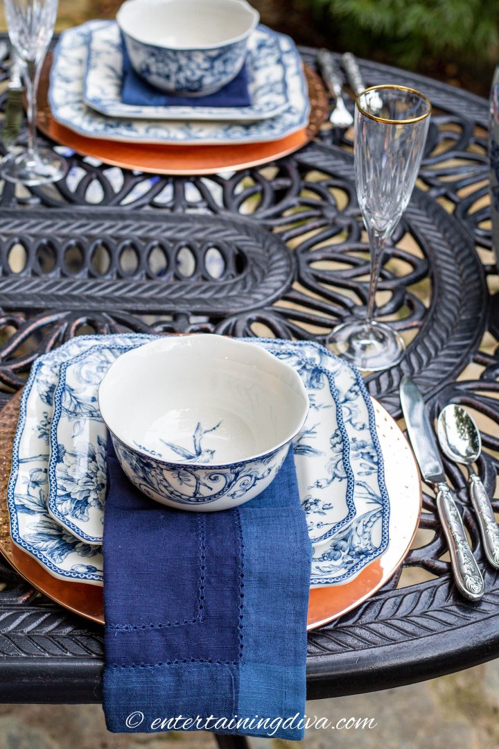 Blue and white outdoor place setting