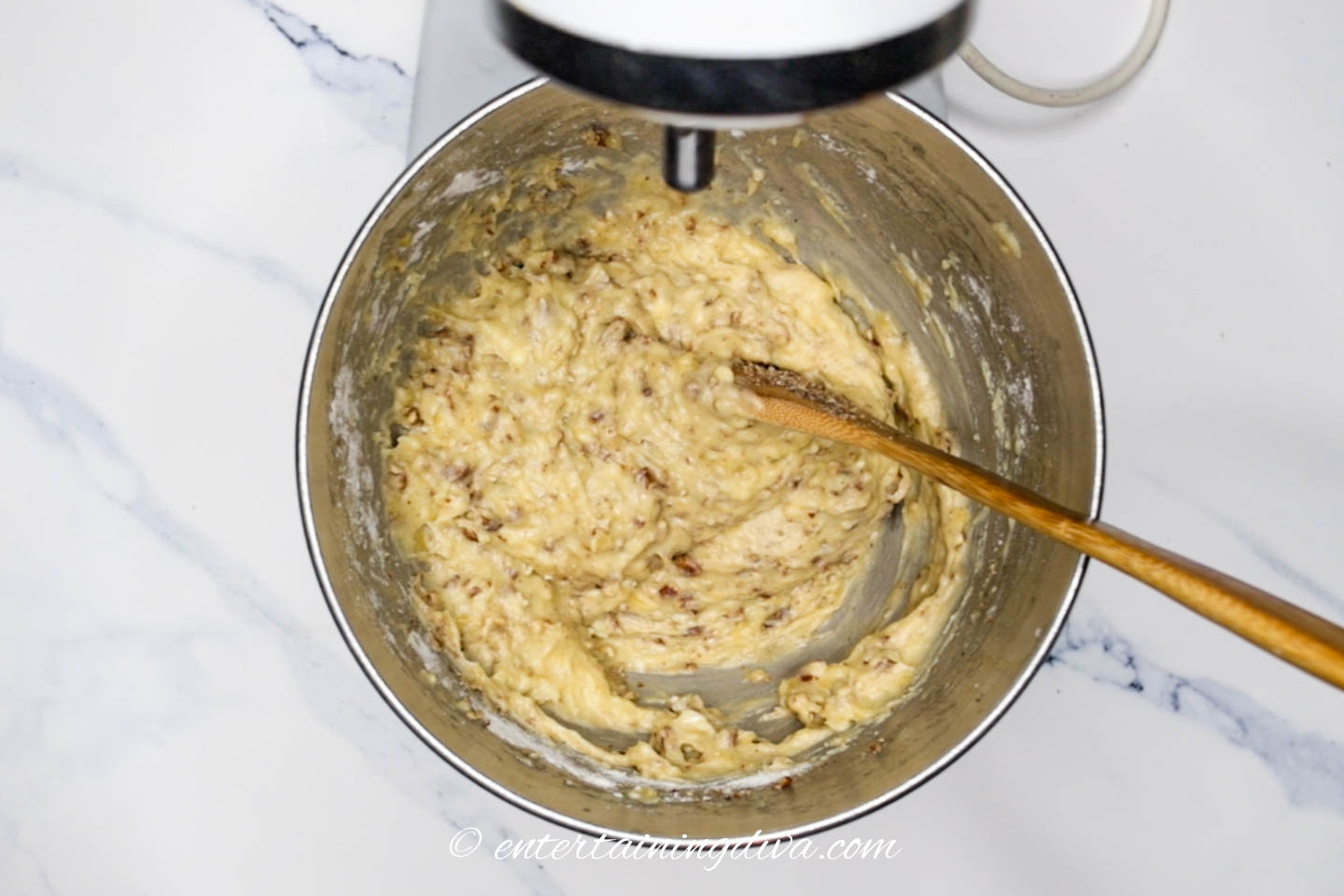 Banana nut bread batter in a bowl