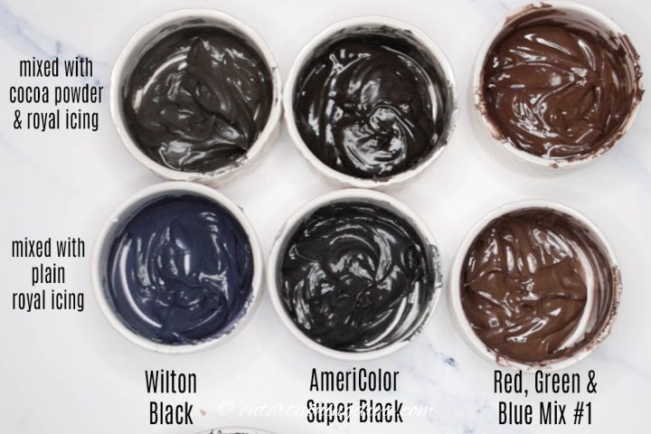 comparison of Wilton black, AmeriColor super black and homemade black food color in royal icing with and without cocoa powder