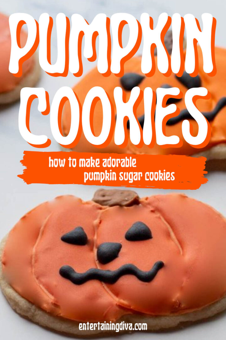 Decorated pumpkin sugar cookie with orange royal icing