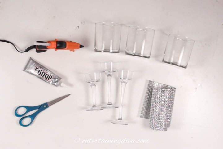 Supplies for the DIY glam candle holders