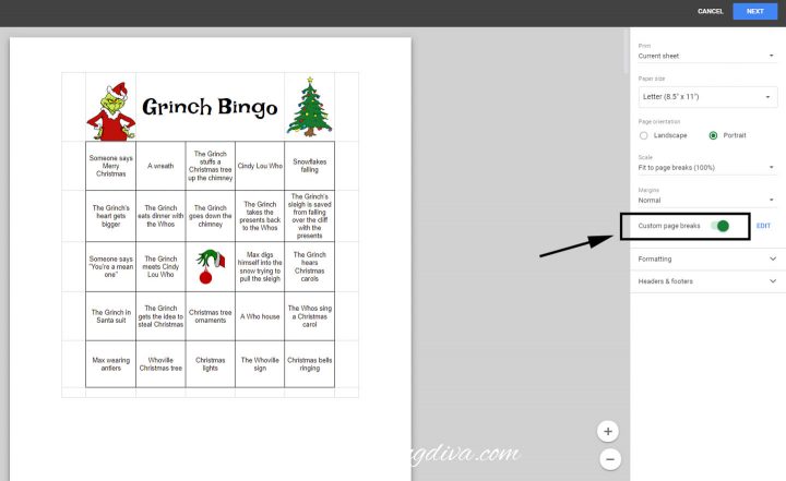 Print settings for Grinch bingo cards