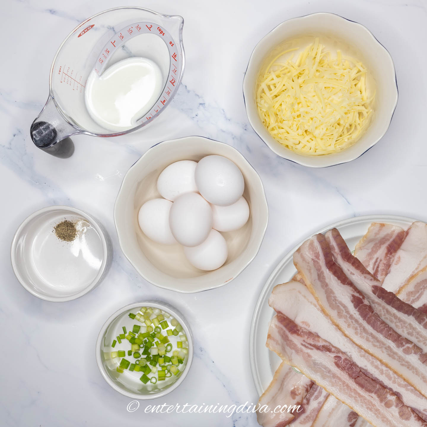 cheese and bacon frittata ingredients - bacon, eggs, gruyere cheese, salt, pepper and green onions