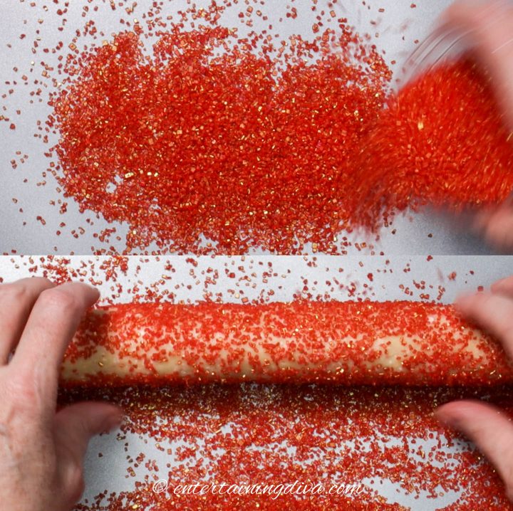 How to roll peppermint cookie dough log in red sugar