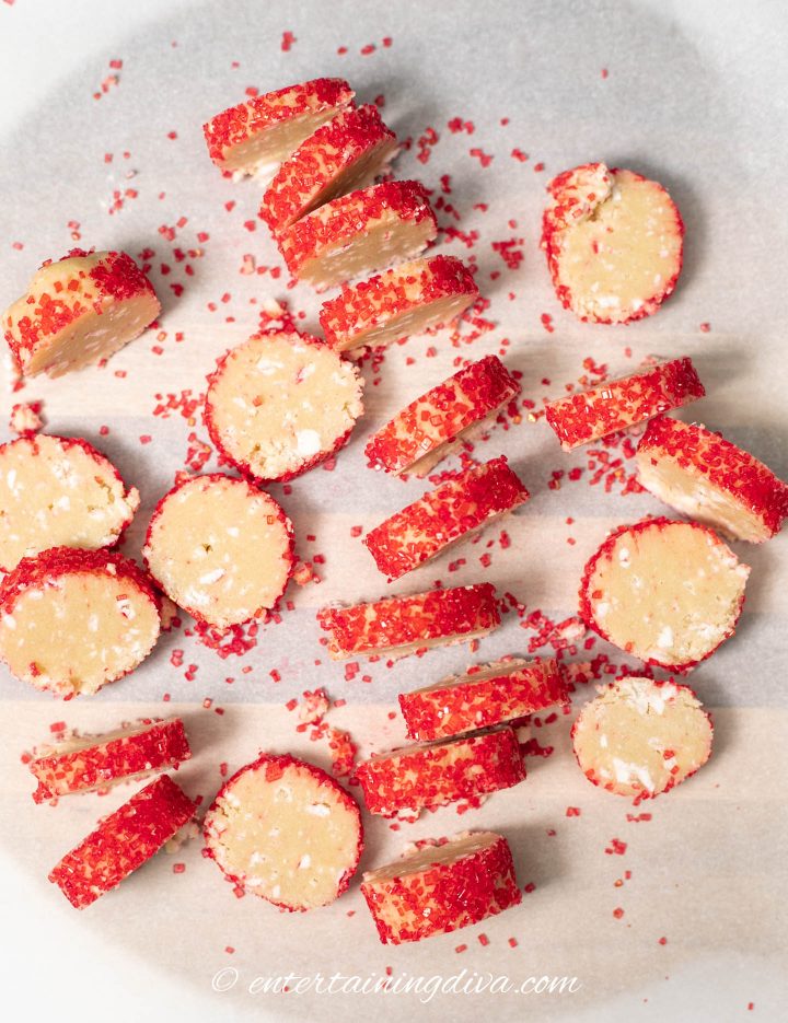 Sliced peppermint cookie dough log