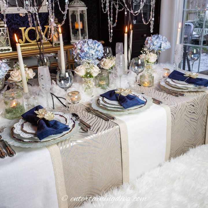 Christmas table setting using table runners instead of a tablecloth
