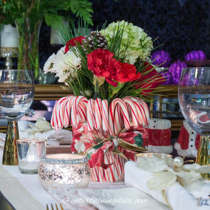 DIY Christmas centerpiece made with candy canes and flowers