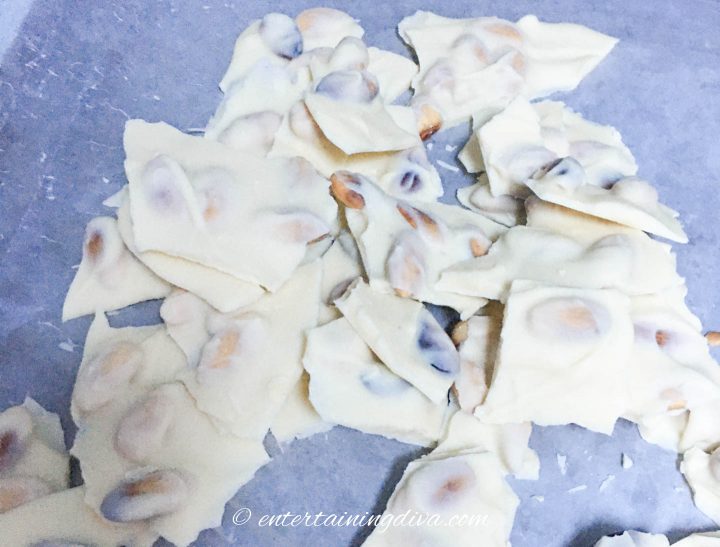 White chocolate almond bark broken up into pieces