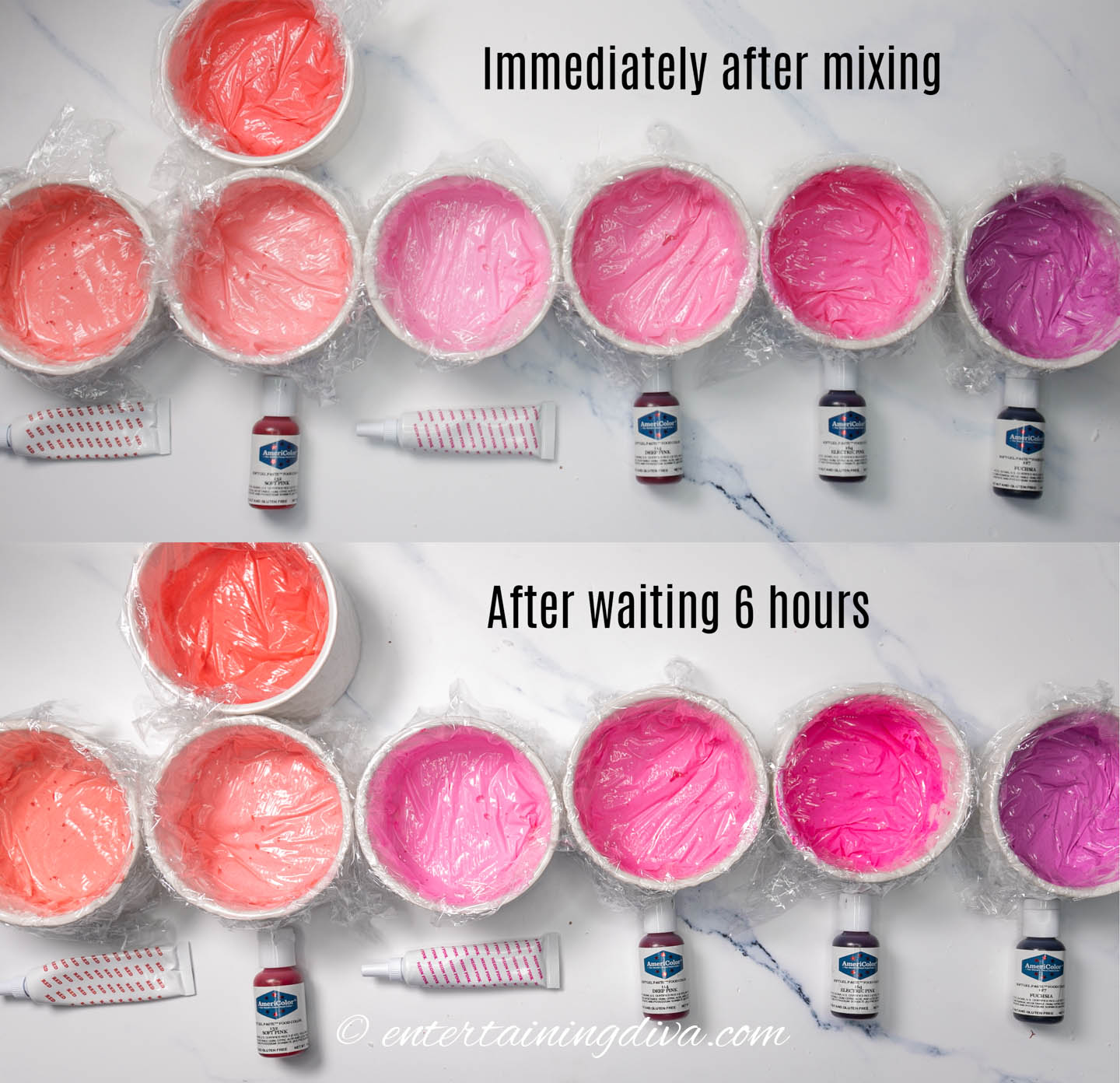 Various dark pink icing colors before and after sitting for a few hours
