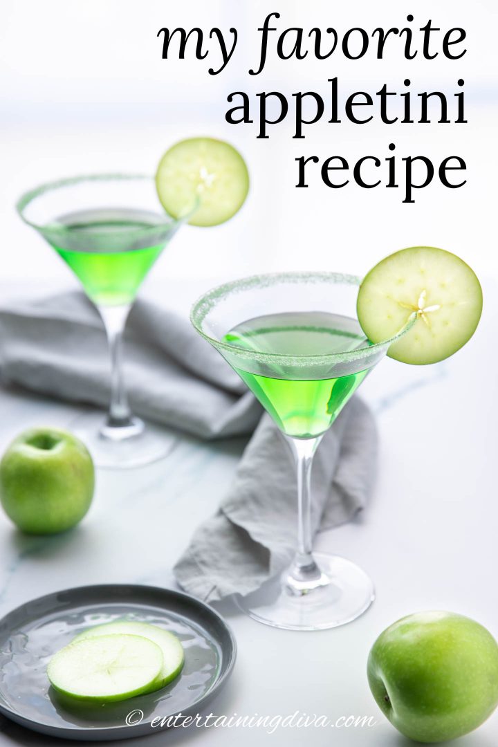 my favorite appletini recipe with apple slice garnish on the rim of the glasses