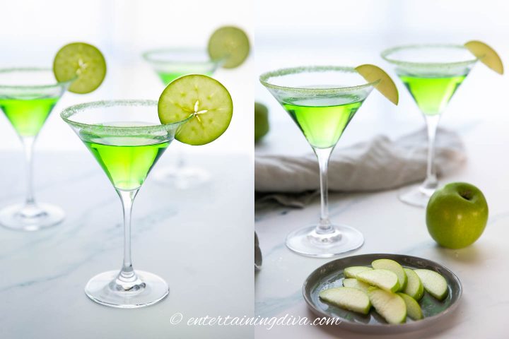 appletinis garnished with granny smith apple slices and wedges on the rim of the glass