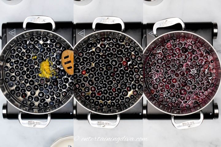 Blueberries and lemon zest cooking in sugar water