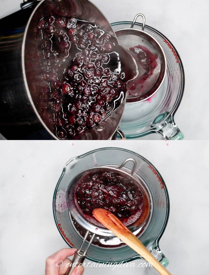 Blueberries being strained through sieve