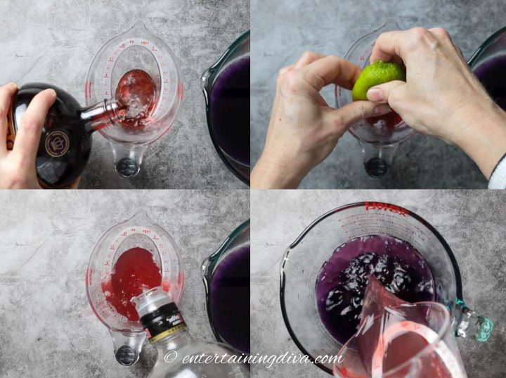 Measuring and pouring liqueur, lime juice, and vodka into the jello mix.