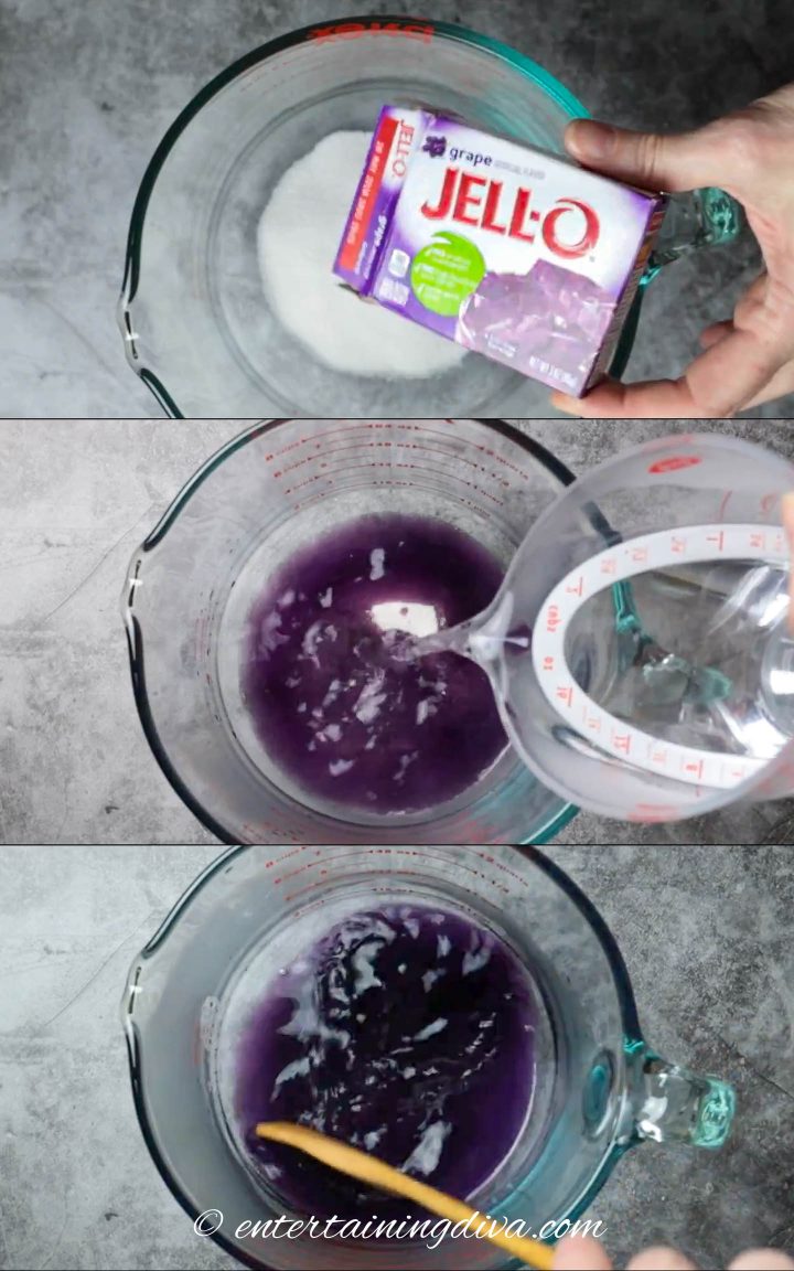 Grape jello being mixed with boiling water