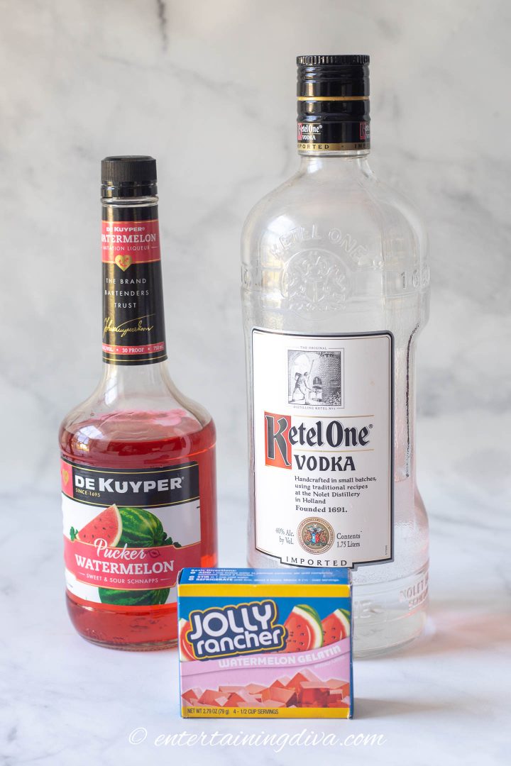 Watermelon pucker, vodka, and Jolly Rancher watermelon gelatin