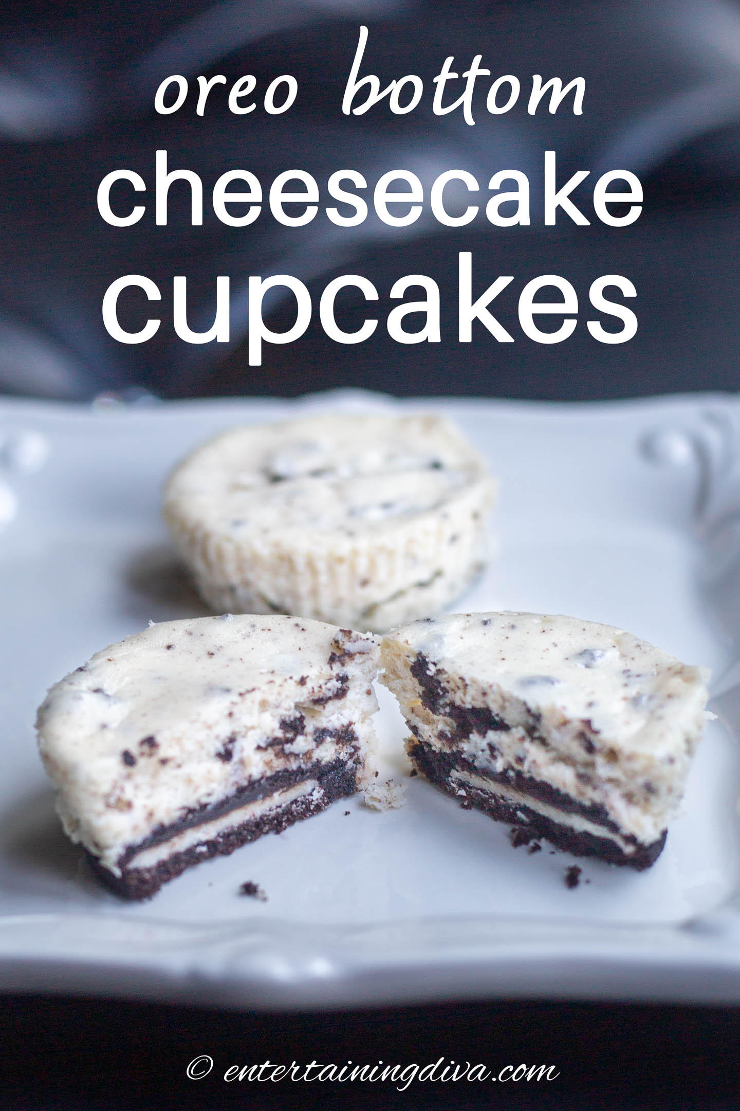 mini Oreo cheesecakes on a plate with one cut in half