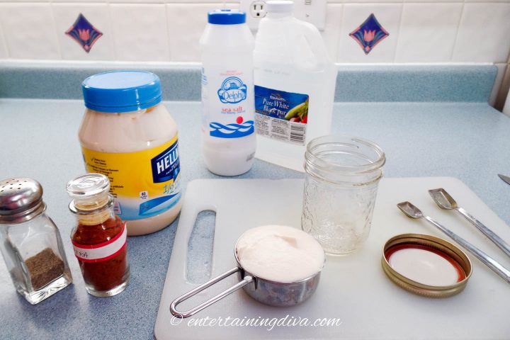 front view of sauce ingredients on cutting board