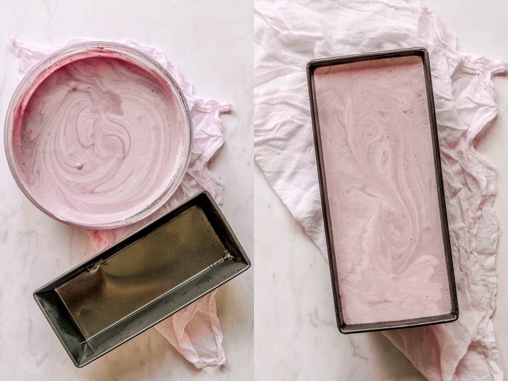 top view of bowl and loaf pan filled with berry ice cream