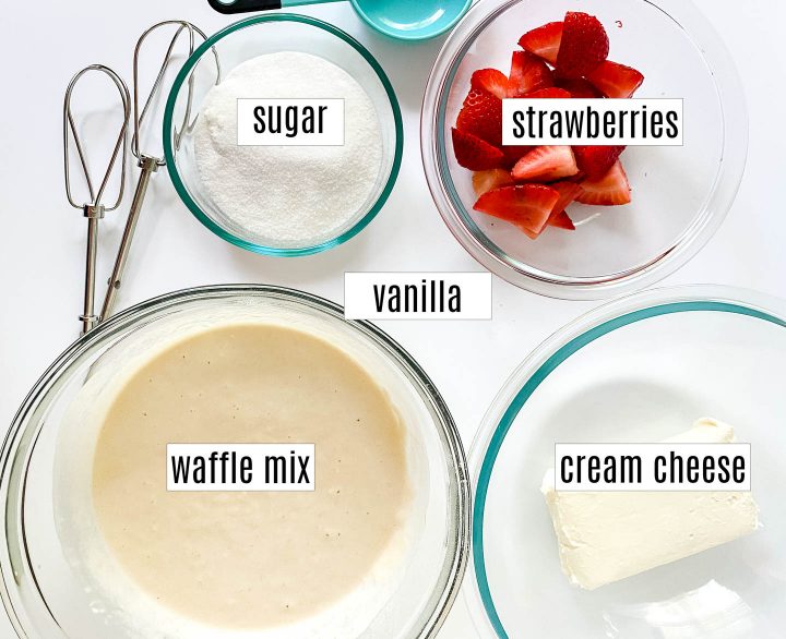 strawberry cheesecake stuffed waffles ingredients - cream cheese, strawberries, sugar, vanilla and waffle mix