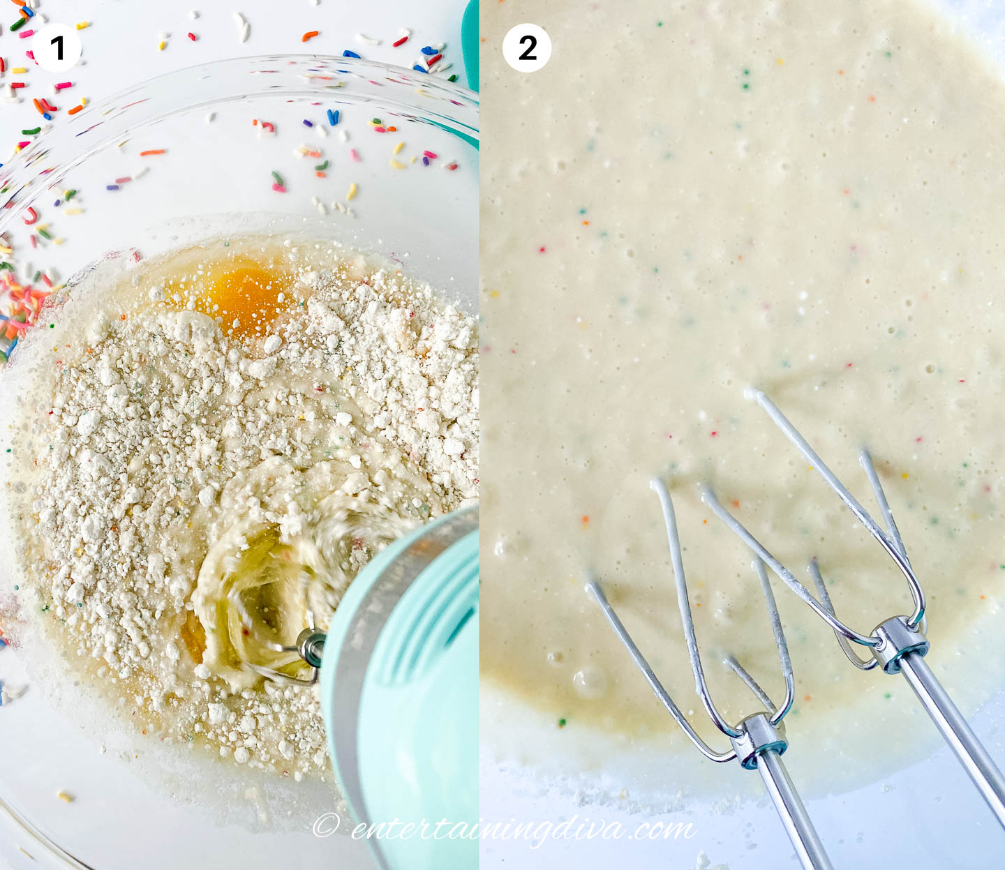 waffles with cake mix being mixed in bowl with mixer