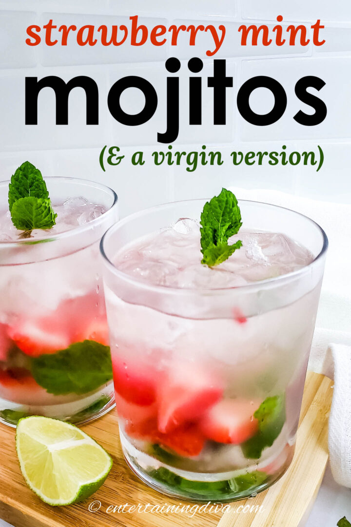 Close up of homemade strawberry mint mojitos with fresh strawberries