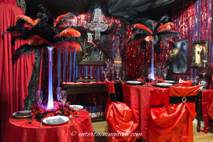 red and black decor for a fallen angels and devils Halloween party theme