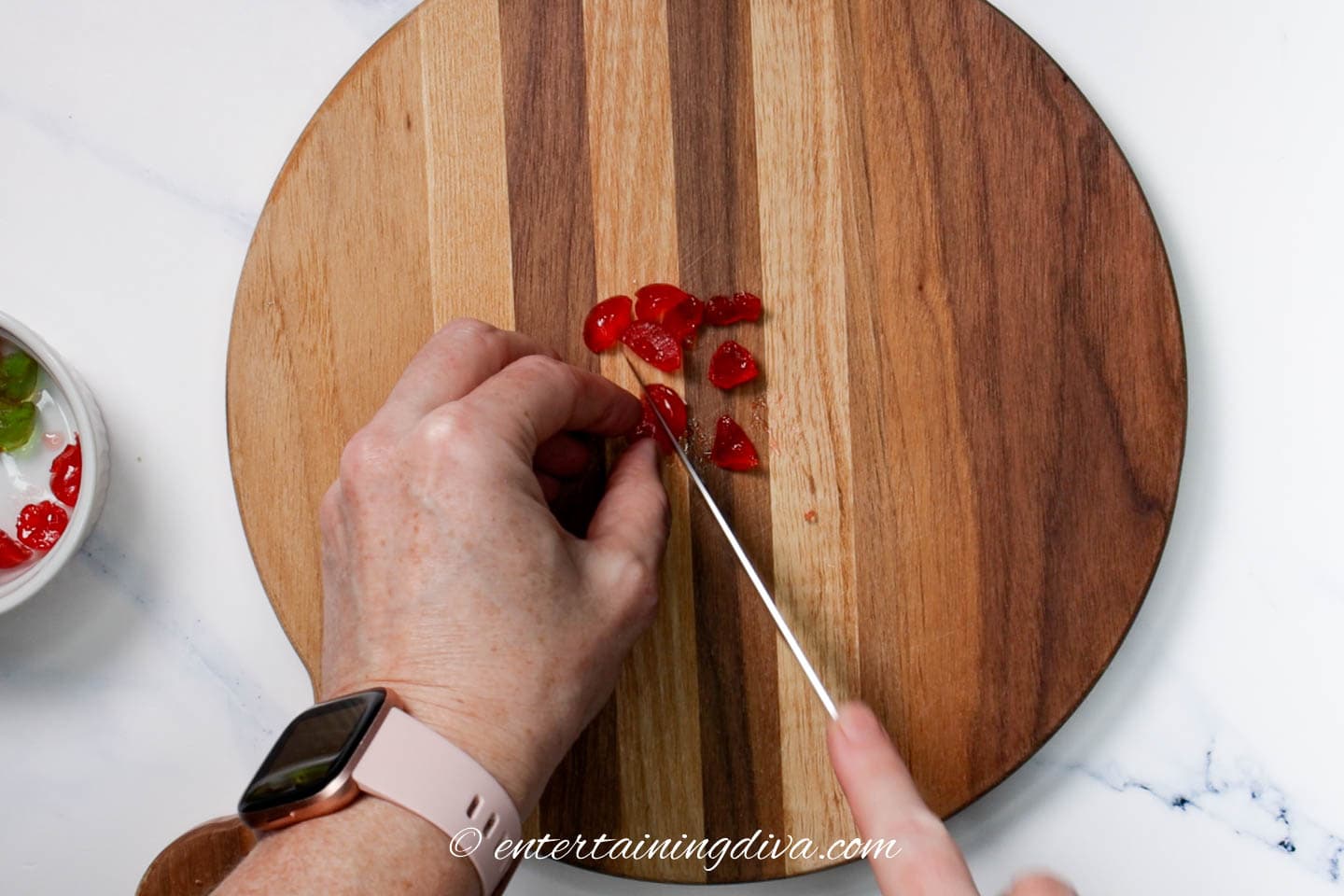 Maraschino Cherries being chopped