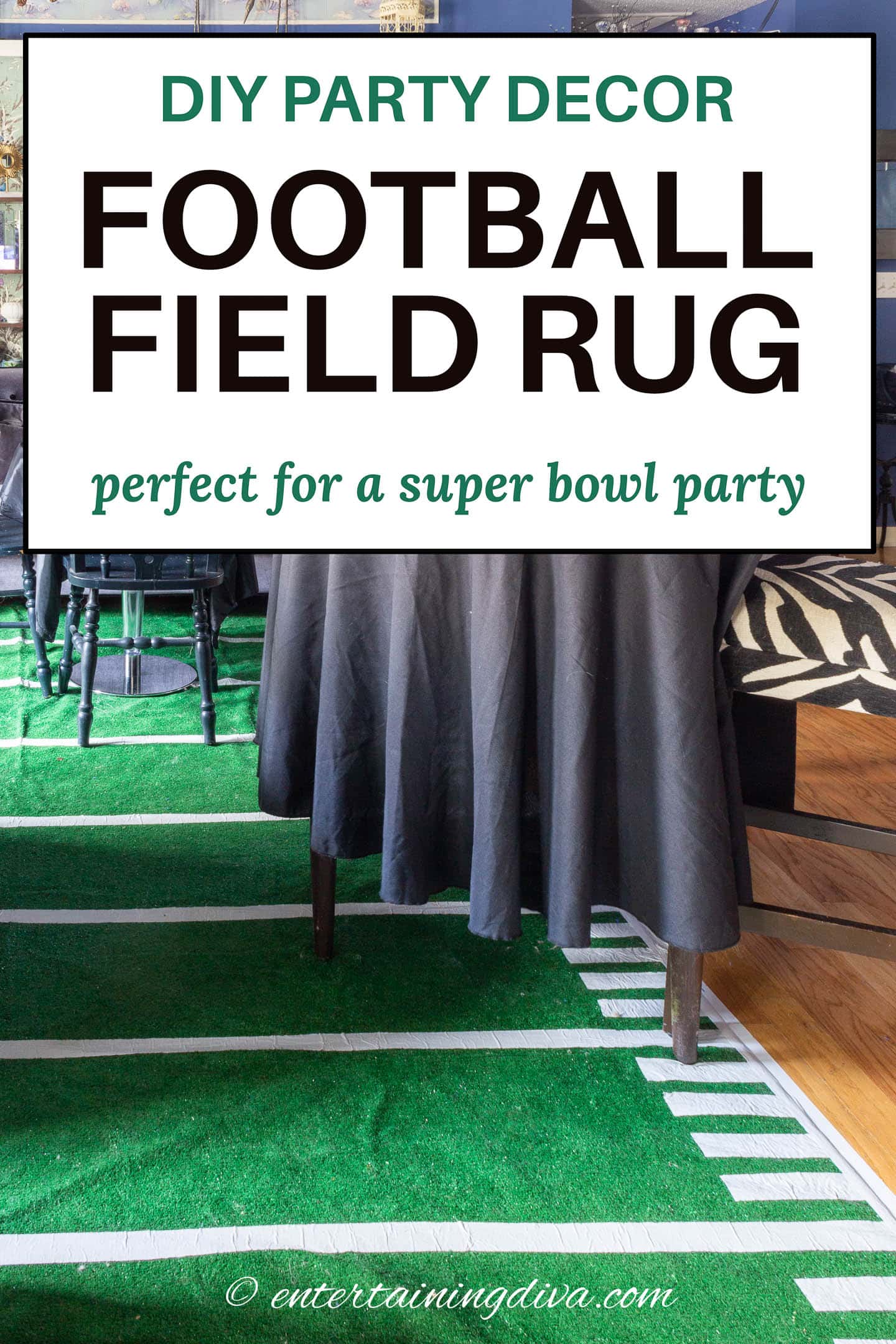 DIY football field rug that is perfect for a super bowl party