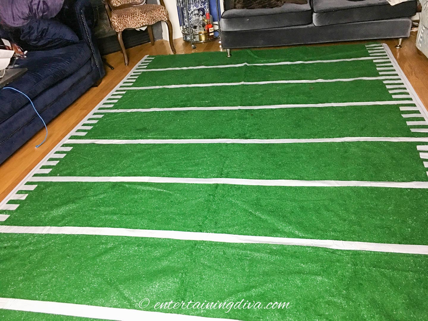 DIY football field rug made from artificial turf