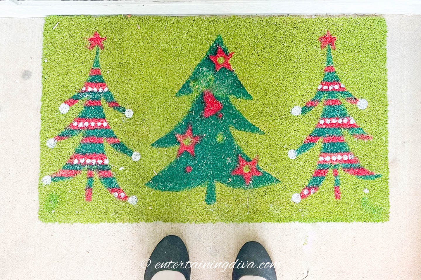 red and green door mat with a lime green background