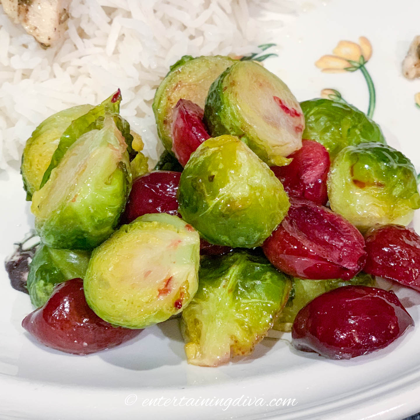 red and green brussel sprouts with cherries