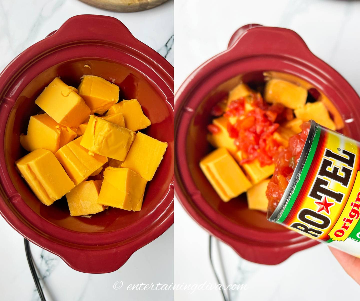 Velveeta cubes and Rotel in a Crockpot