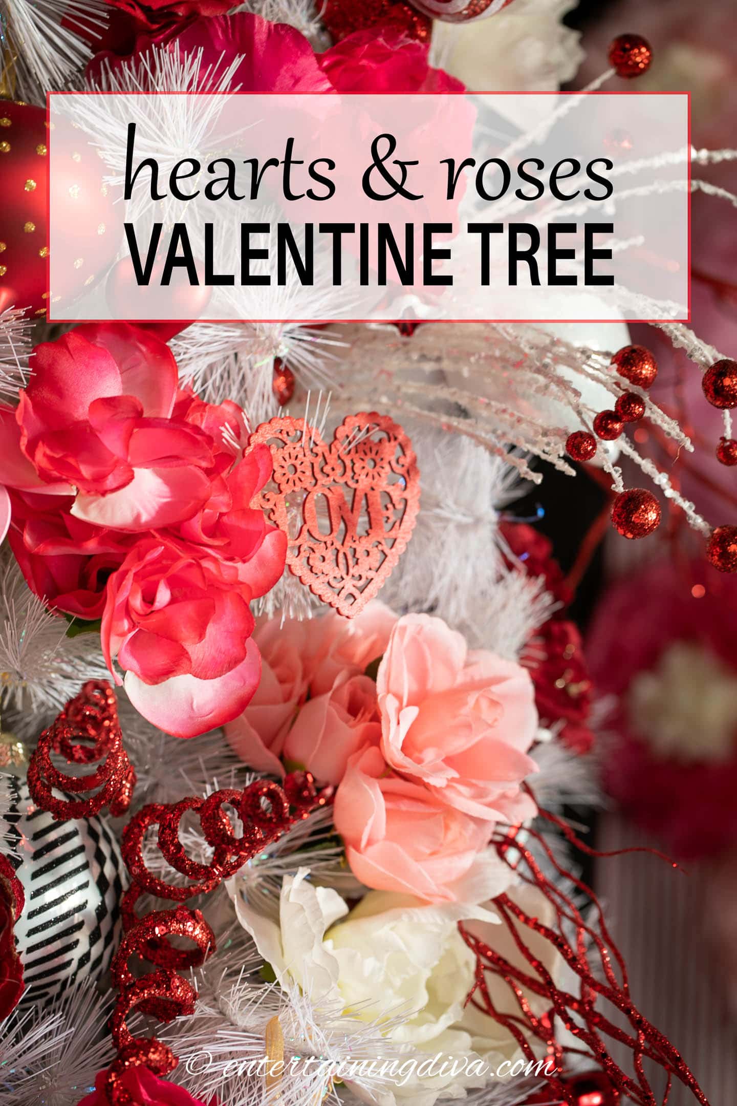 close up of the Valentine's Day tree decoration with the text "hearts & roses Valentine Tree" at the top