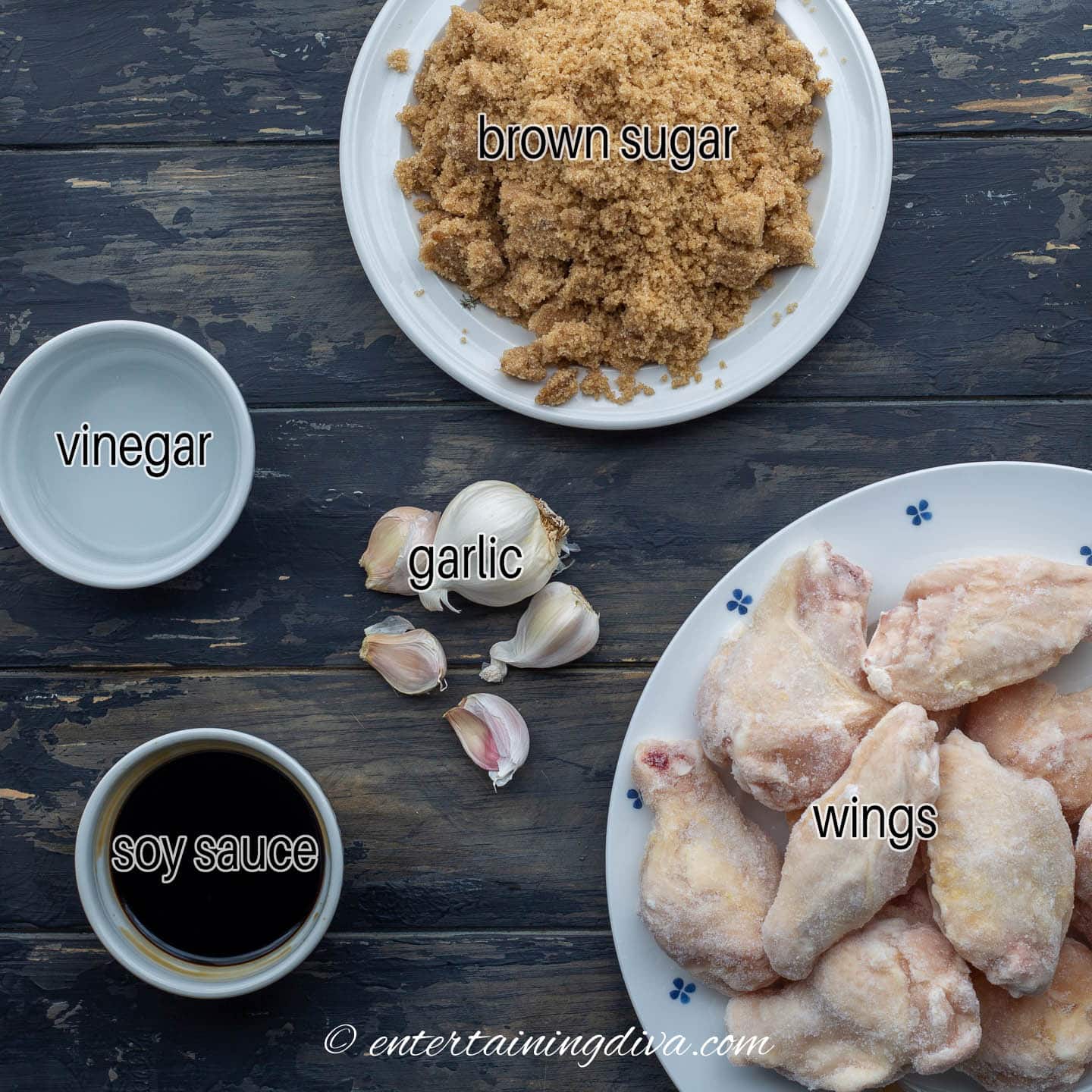 baked Chinese sticky wings ingredients - brown sugar, vinegar, soy sauce, garlic and wings