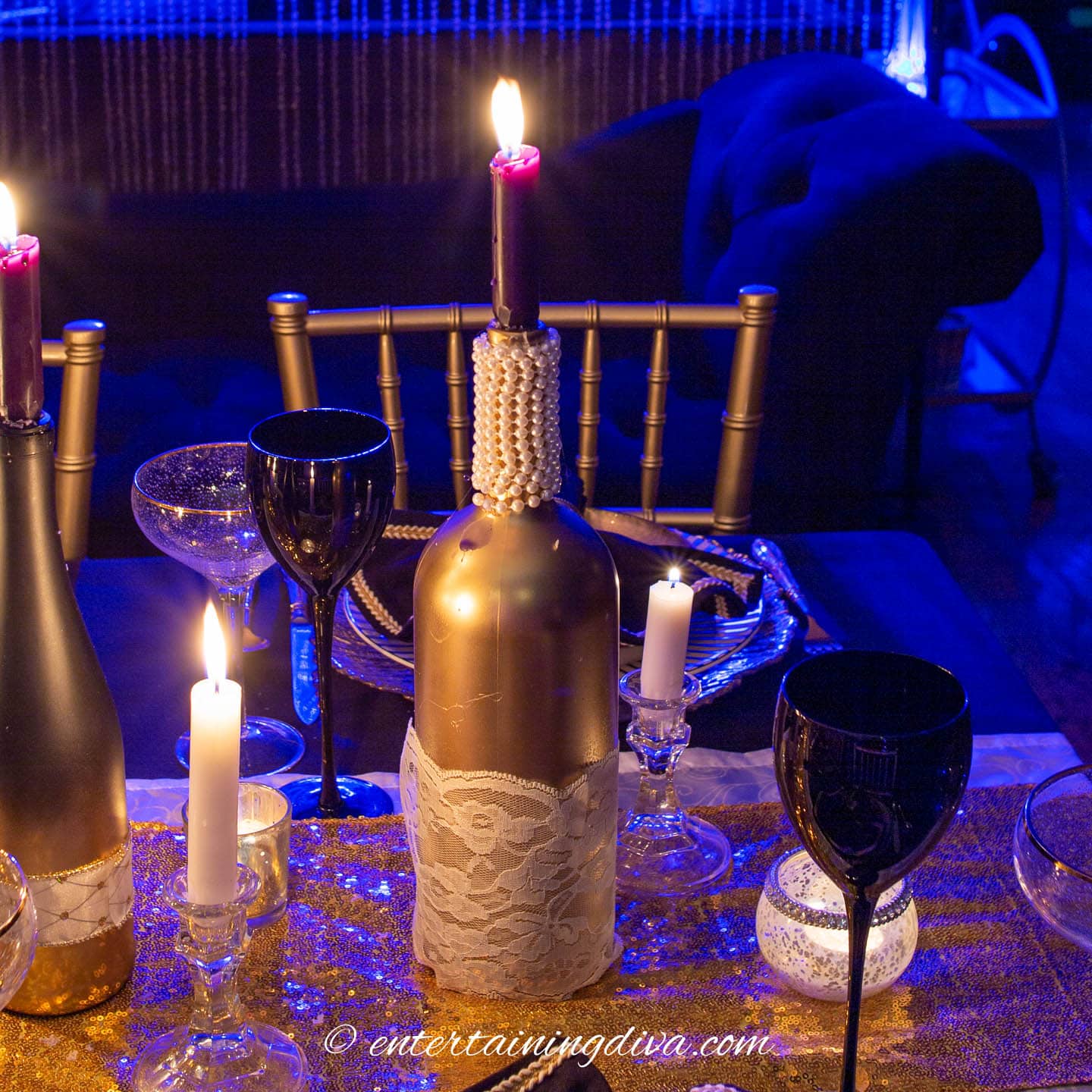 DIY Gold Bottle With White Lace & Pearls (For Centerpieces)