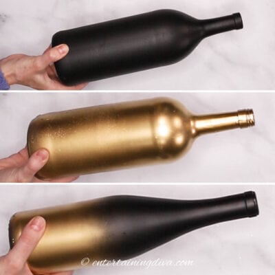 black and gold spray painted wine bottles