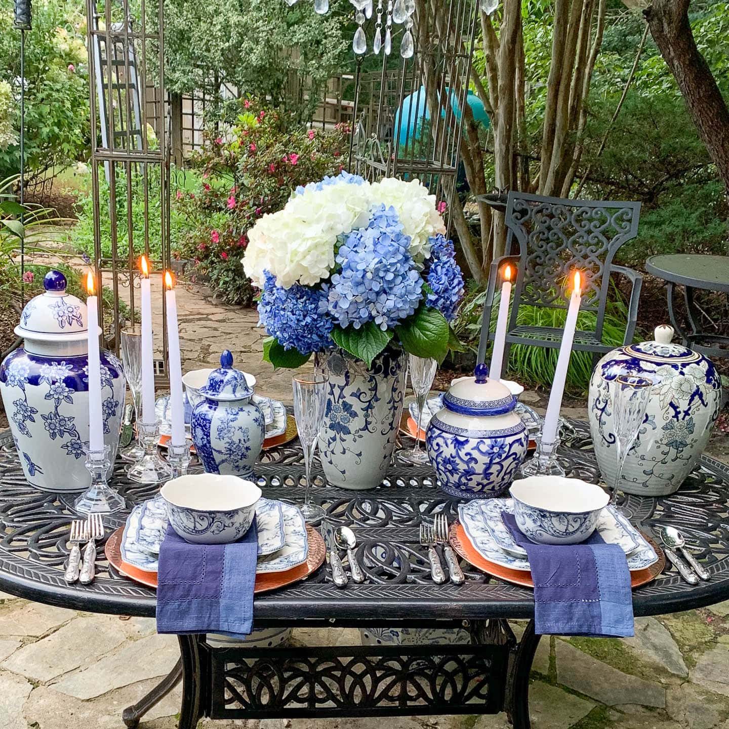 blue and white outdoor tablescape