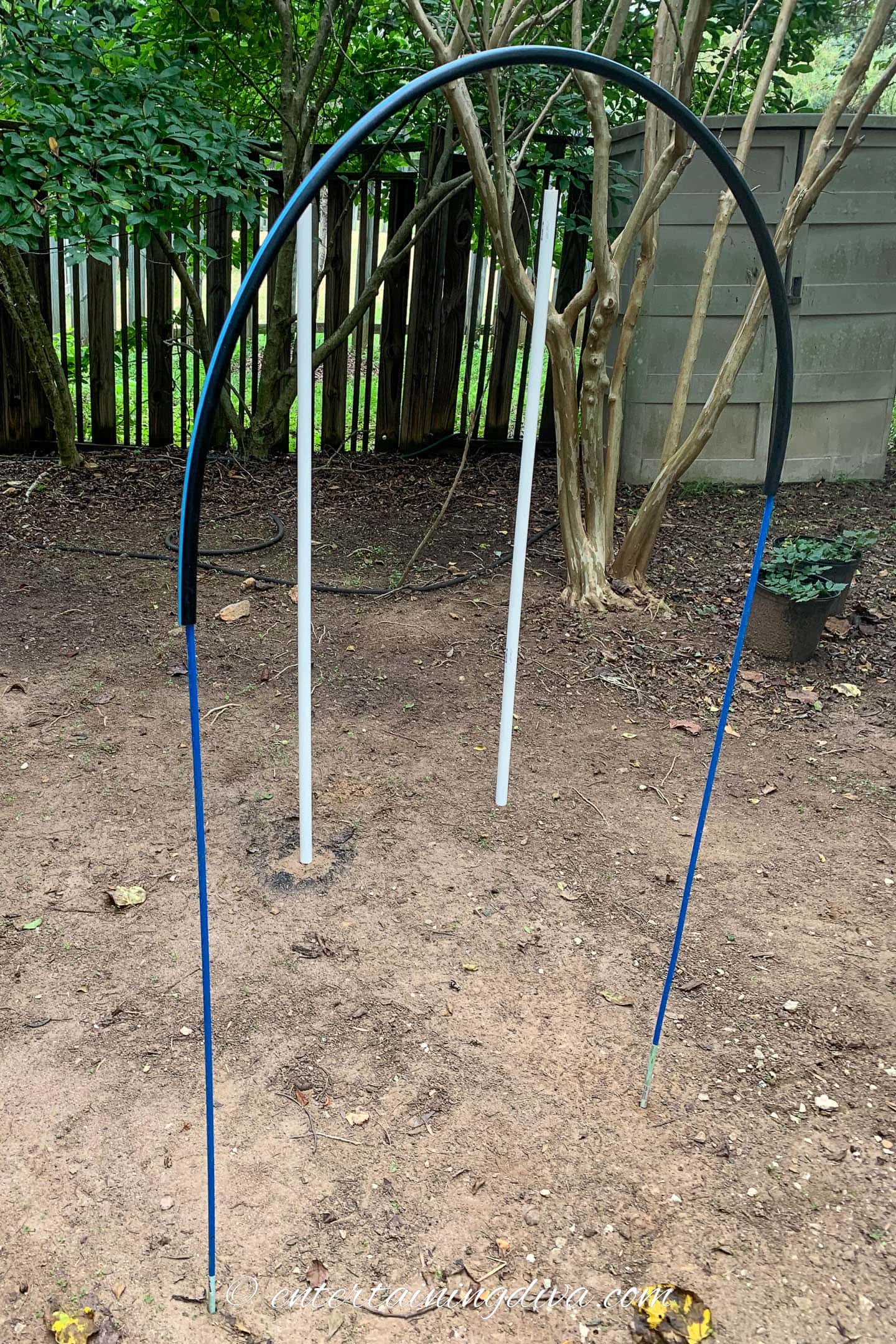 Flexible plumbing tube fitted in an arch over two garden stakes