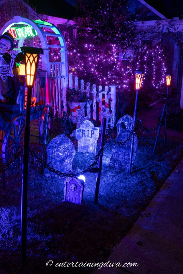 Halloween graveyard with blue and orange lighting