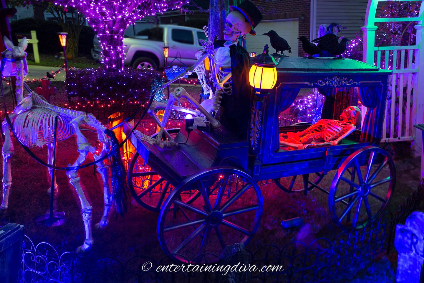 Halloween skeleton horse and carriage with red lights