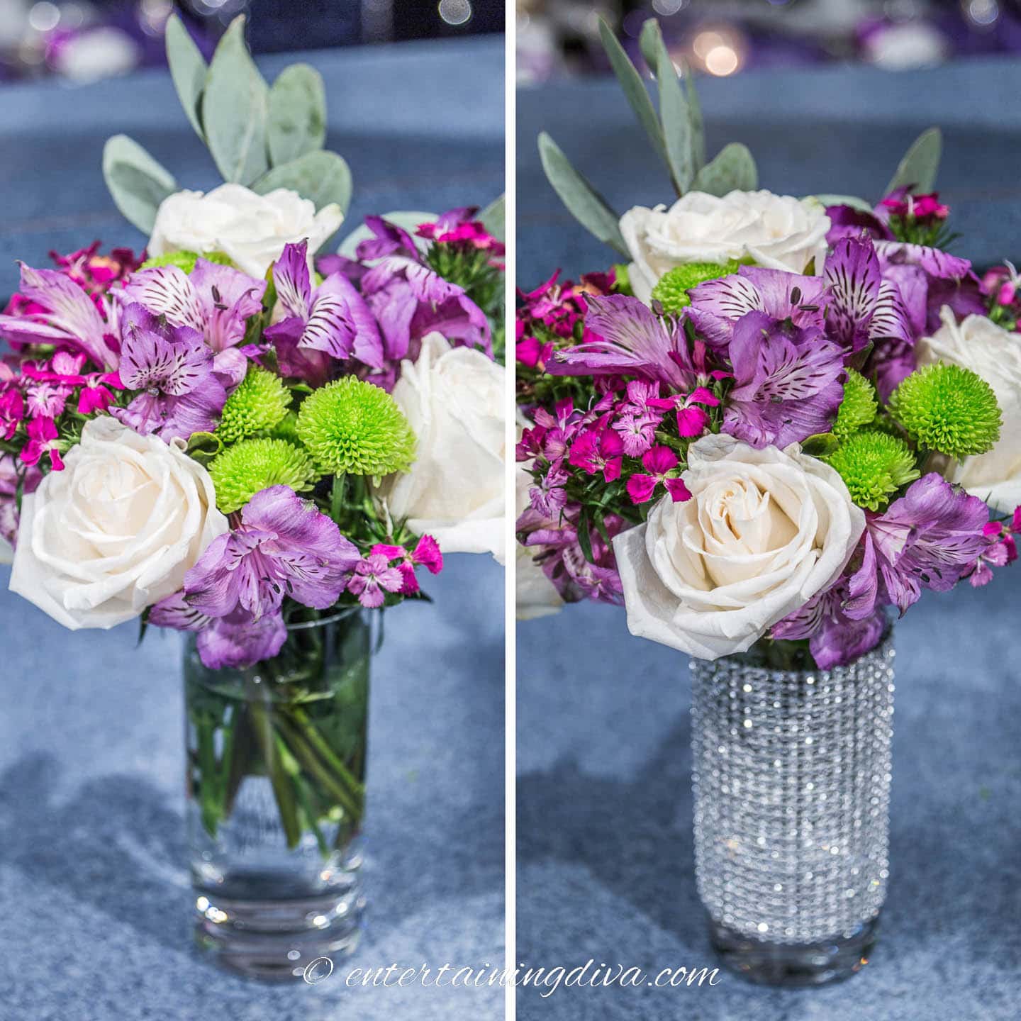 Small flower arrangement in a tall drinking glass with and without a wide ribbon wrapped around the bottom to cover the stems
