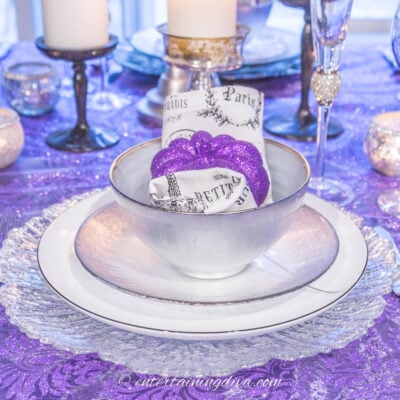 Purple, black and silver Halloween table setting