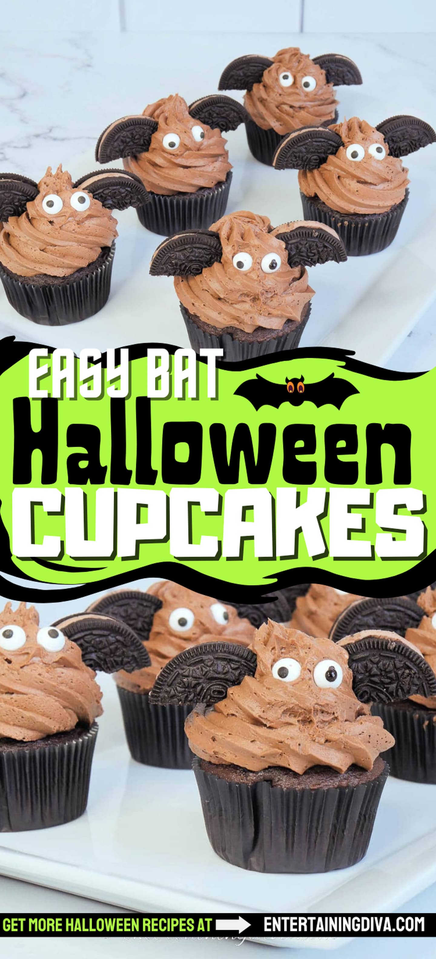 Bat Halloween cupcakes ingredients - Chocolate cupcakes, chocolate frosting in a piping bag, Oreo cookies and candy eyes