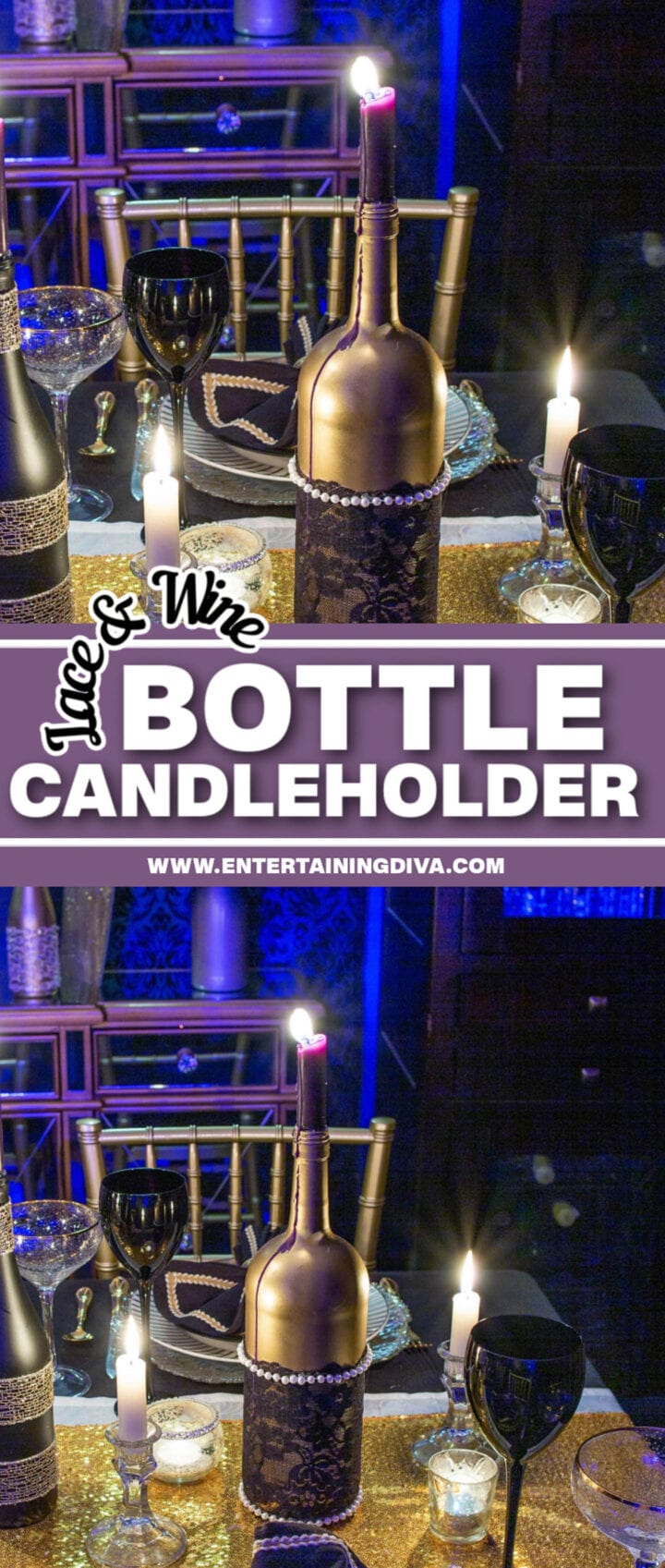 DIY Black Lace And Gold Wine Bottle Candleholder