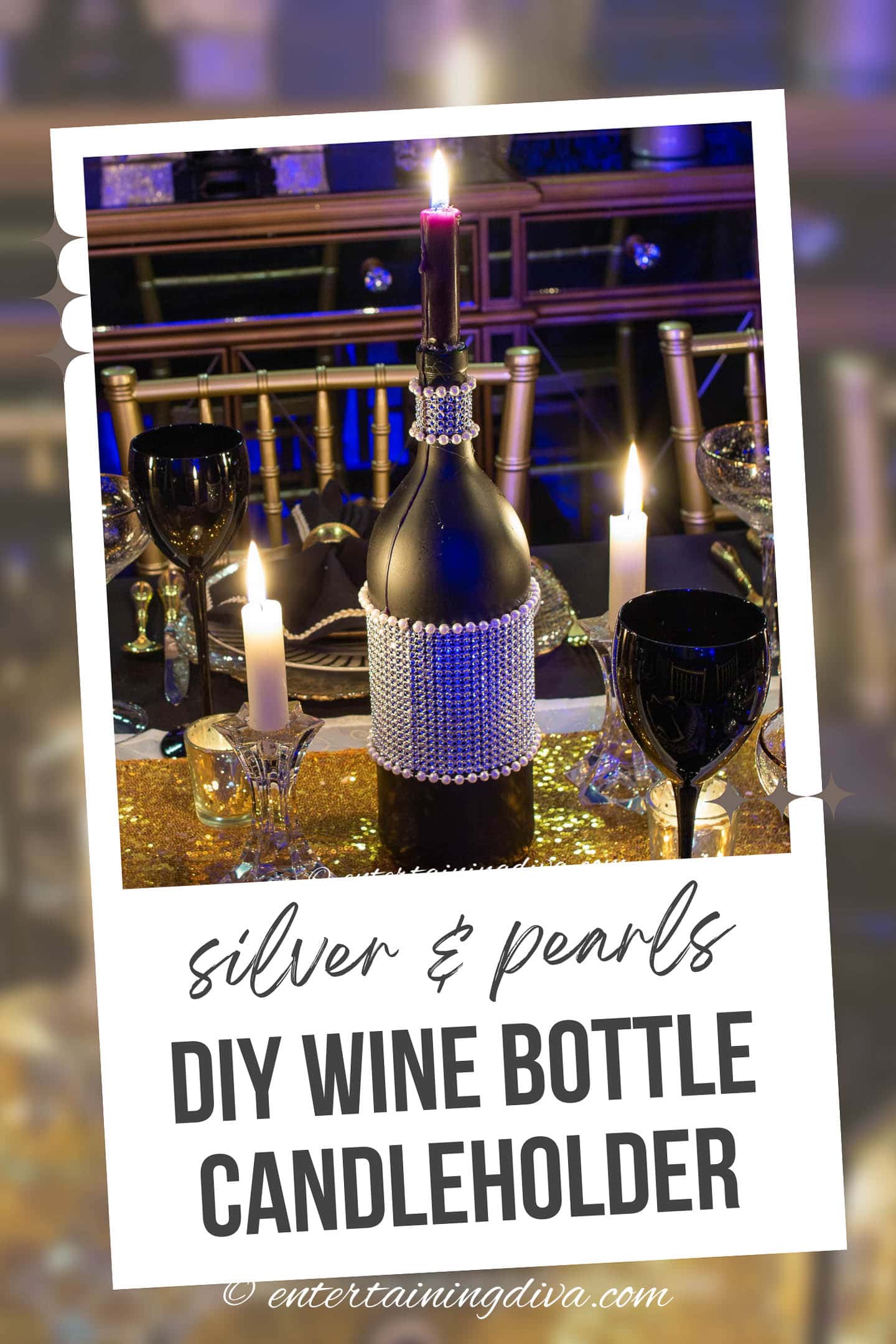 DIY rhinestone black wine bottle with pearls used as a candleholder in a table centerpiece